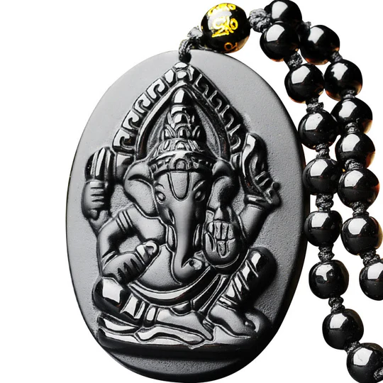 Bodhi Stones Tibetan Obsidian Ganesh Ganpati Elephant Wealth Amulet Necklace