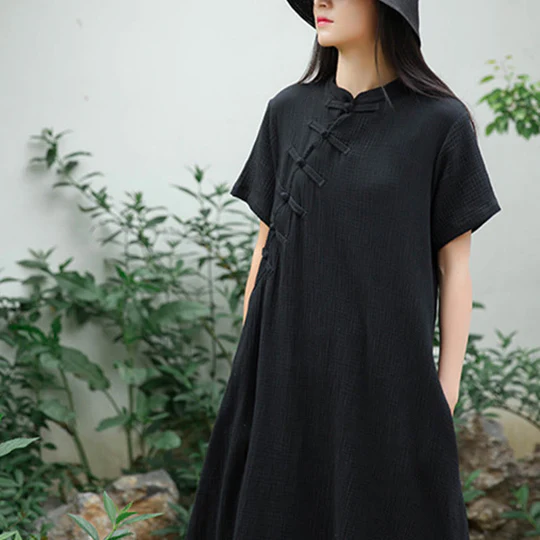 Bodhi Stones Frog-Button Midi Dress Cotton Linen Short Sleeve Dress With Pockets