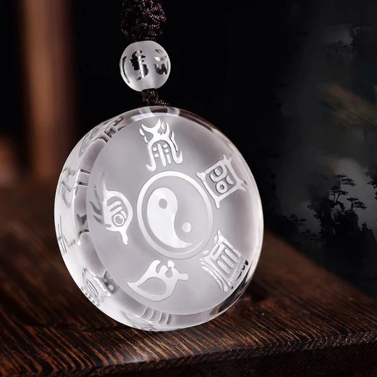 Bodhi Stones Taoism Five Sacred Mountains Yin Yang Symbol Liuli Crystal Balance Necklace Pendant Key Chain