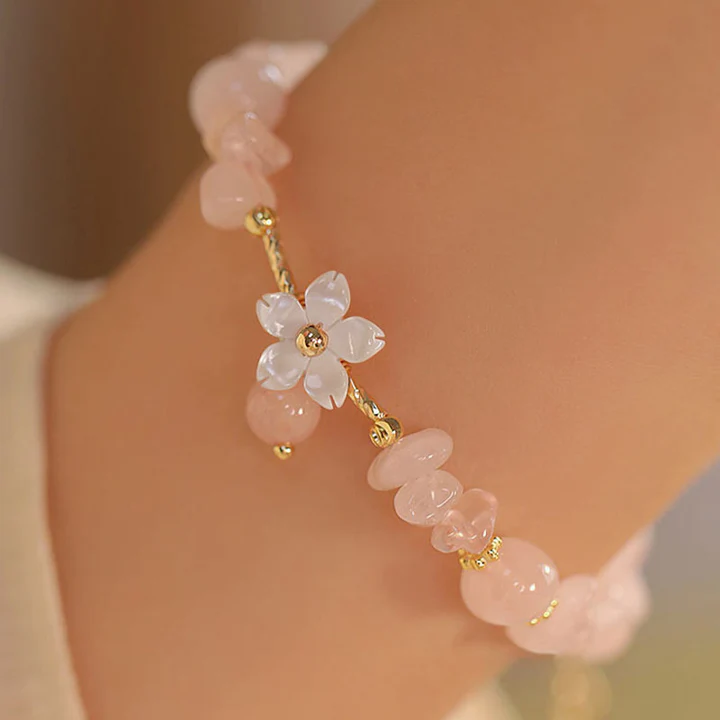 Bodhi Stones 14k Gold Plated Natural Pink Crystal Flower Love Bracelet