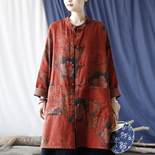 Bodhi Stones Orange Peony Flower Cotton Linen Frog-Button Open Front Jacket With Pockets