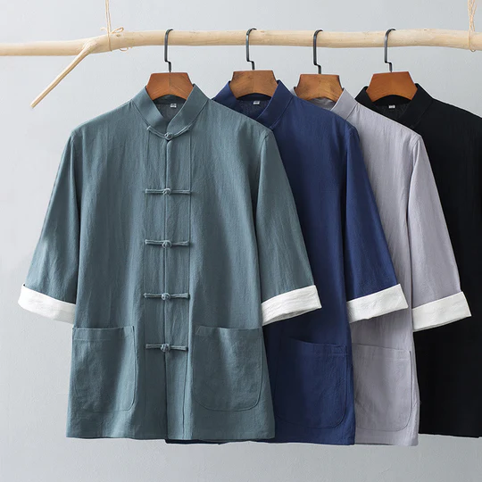 Bodhi Stones Frog-Button Chinese Tang Suit Half Sleeve Shirt Cotton Men Clothing With Pockets