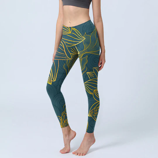 Bodhi Stones Gray Golden Koi Fish Lotus Print Gym Leggings Women's Yoga Pants