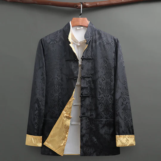 Bodhi Stones Men's Frog-Button Tang Suit Koi Fish Pattern Long Sleeve Jacket Shirt With Pockets