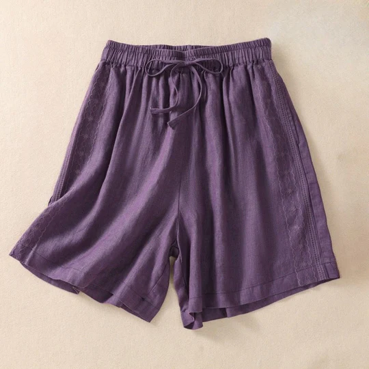 Bodhi Stones Casual Floral Embroidery Pattern Drawstring Cotton Linen Women's Shorts With Pockets