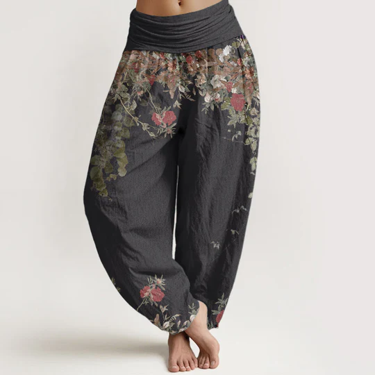 Bodhi Stones Pure Cotton Casual Red Peony Flower Vine Design Women's Elastic Waist Harem Pants