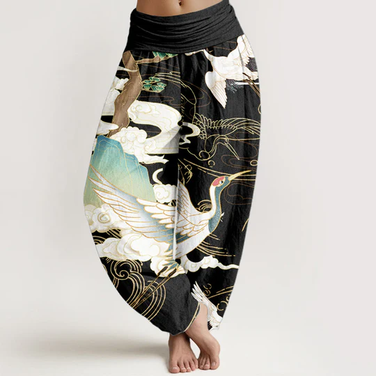 Bodhi Stones Pure Cotton Flying Cranes Auspicious Clouds Tree women's Elastic Waist Harem Pants