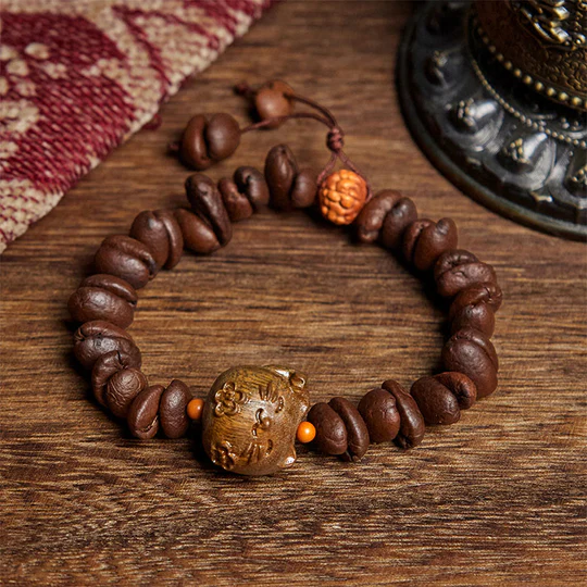 Bodhi Stones Handmade Lucky Cat Real Coffee Beans Sandalwood Bracelet