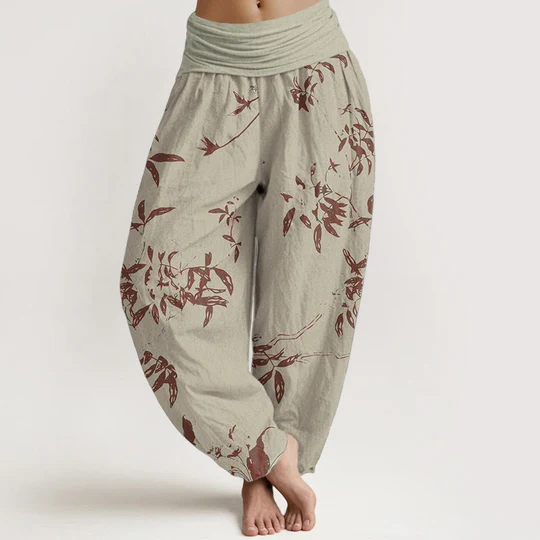 Bodhi Stones Pure Cotton Branch Pattern Women's Elastic Waist Harem Pants