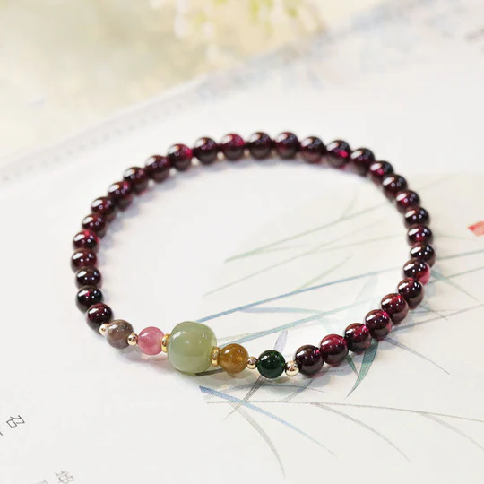 Bodhi Stones Natural Garnet Hetian Jade Tourmaline Bead Passion Bracelet