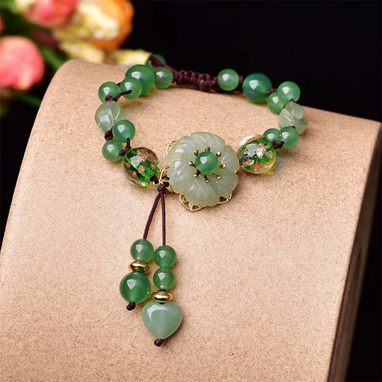 Bodhi Stones Natural Green Jade Luck Dangling Flower Bracelet
