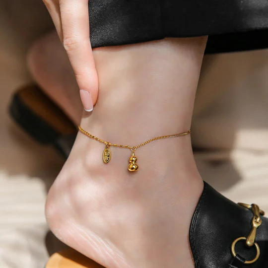 Bodhi Stones 18k Gold Lucky Gourd Design Wealth Buckle Anklet