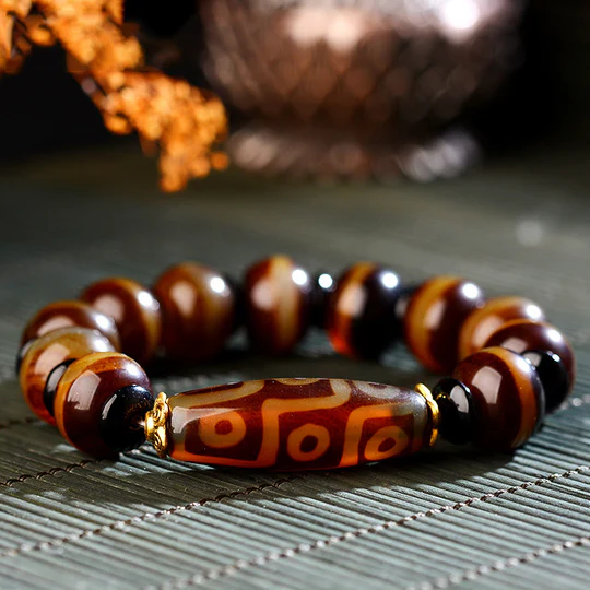 Bodhi Stones Tibetan Natural Nine-Eye Dzi Bead Agate Wealth Blessings Bracelet