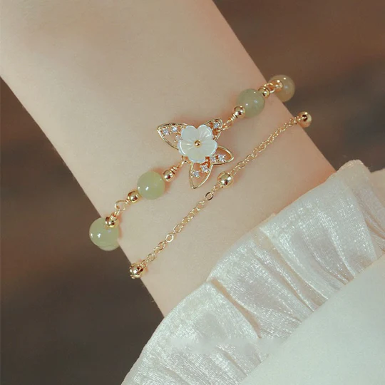 Bodhi Stones 14K Gold Plated Jade Butterfly Tridacna Stone Flower Double Layer Luck Bracelet