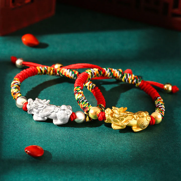 Bodhi Stones 999 Sterling Silver PiXiu Wealth King Kong Knot String Braided Kids Child Bracelet