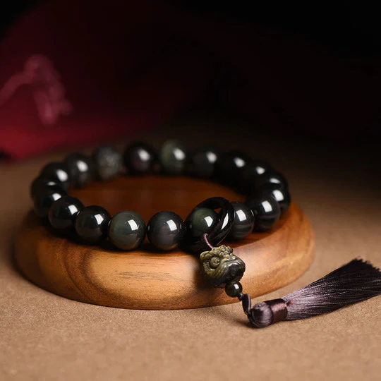 Bodhi Stones Natural Black Obsidian Lion Wrist Mala Protection Tassels Pocket Mala Car Decoration