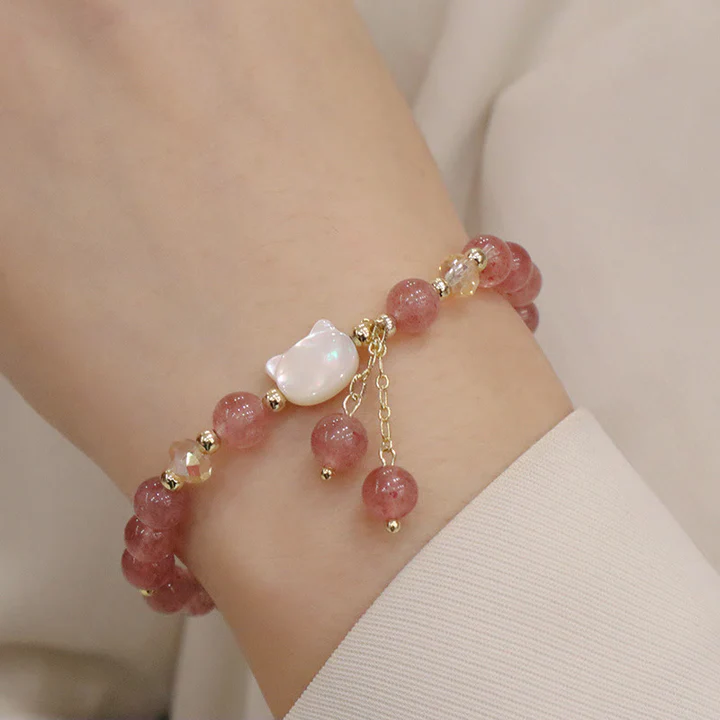 Bodhi Stones Natural Strawberry Quartz Morganite Tridacna Stone Cat Love Bracelet
