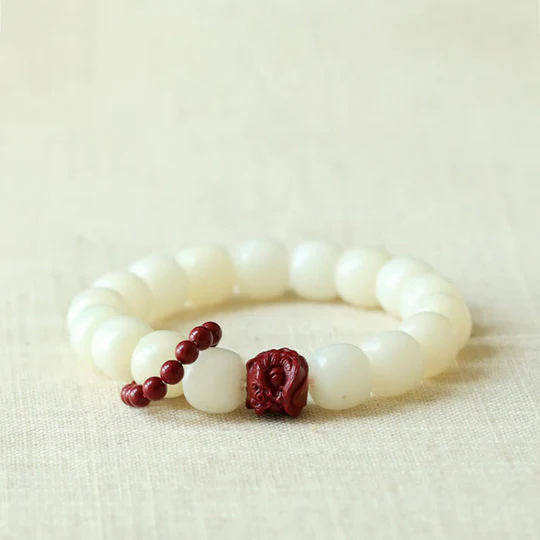 Bodhi Stones Natural Bodhi Seed Cinnabar Dancing Lion Charm Wisdom Harmony Wrist Mala