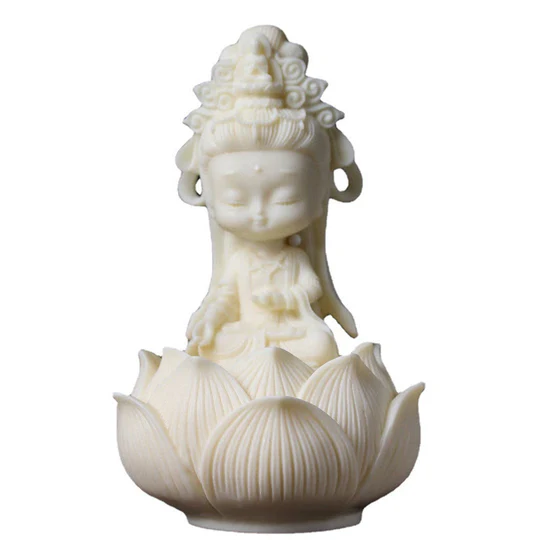 Bodhi Stones Mini Ivory Fruit Kwan Yin Avalokitesvara Lotus Wealth Desk Decoration
