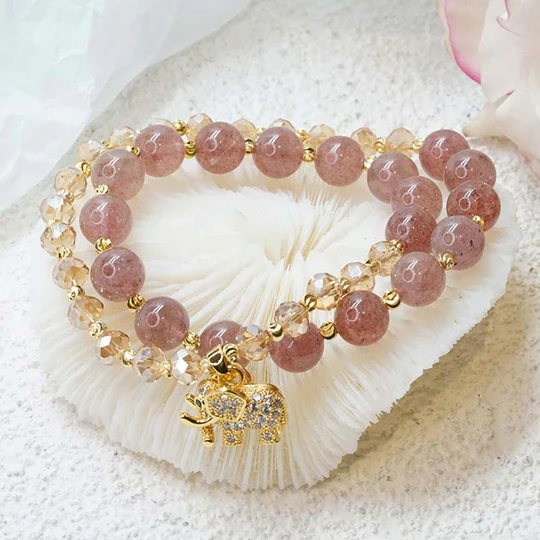 Bodhi Stones Rose Quartz Elephant Healing Energy Charm Bracelet