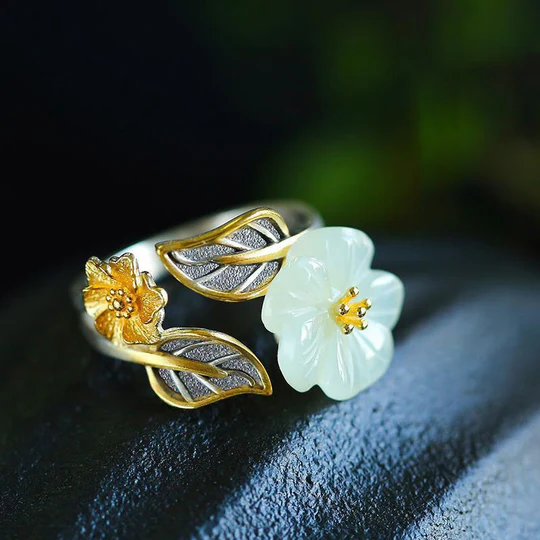 Bodhi Stones 925 Silver Plated Copper White Jade Plum Flower Leaf Luck Ring