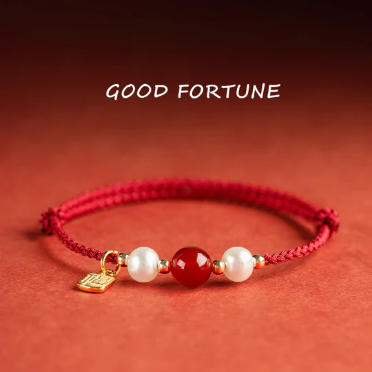 Bodhi Stones 925 Sterling Silver Good Fortune Fu Character Agate Pearl Red String Braid Bracelet