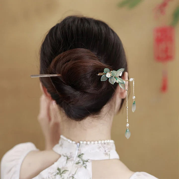 Bodhi Stones Flower Leaf Pearl Peace Tassel Hairpin