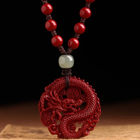 Bodhi Stones Year Of The Dragon Natural Cinnabar Hetian Jade Bead Copper Coin Attract Wealth Strength Necklace Pendant