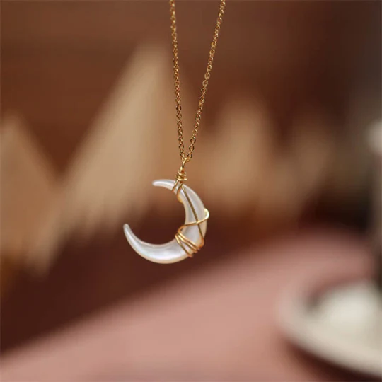 Bodhi Stones Natural Tridacna Stone Crescent Moon Blessing Necklace Pendant