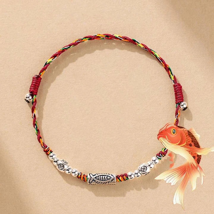Bodhi Stones 925 Sterling Silver Luck Koi Fish Braided Colorful String Bracelet Anklet