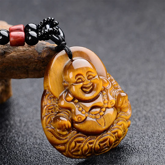 Bodhi Stones Tiger's Eye Laughing Buddha Blessing Necklace