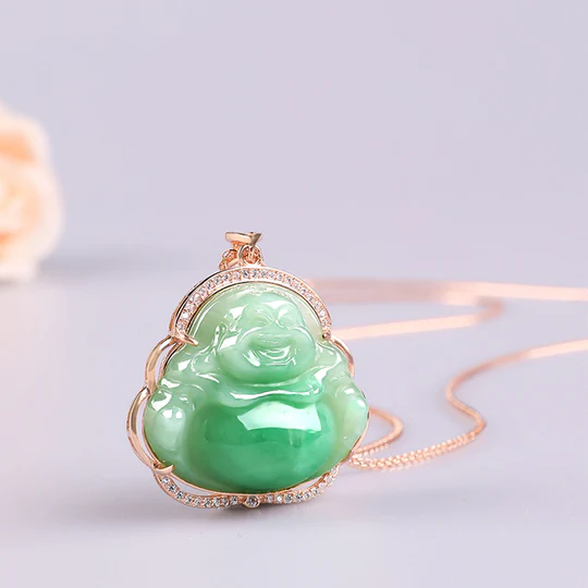 925 Sterling Silver Laughing Bodhi Natural Jade Prosperity Necklace Chain Pendant