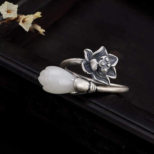 Bodhi Stones Jade Lotus Copper Balance Healing Adjustable Ring