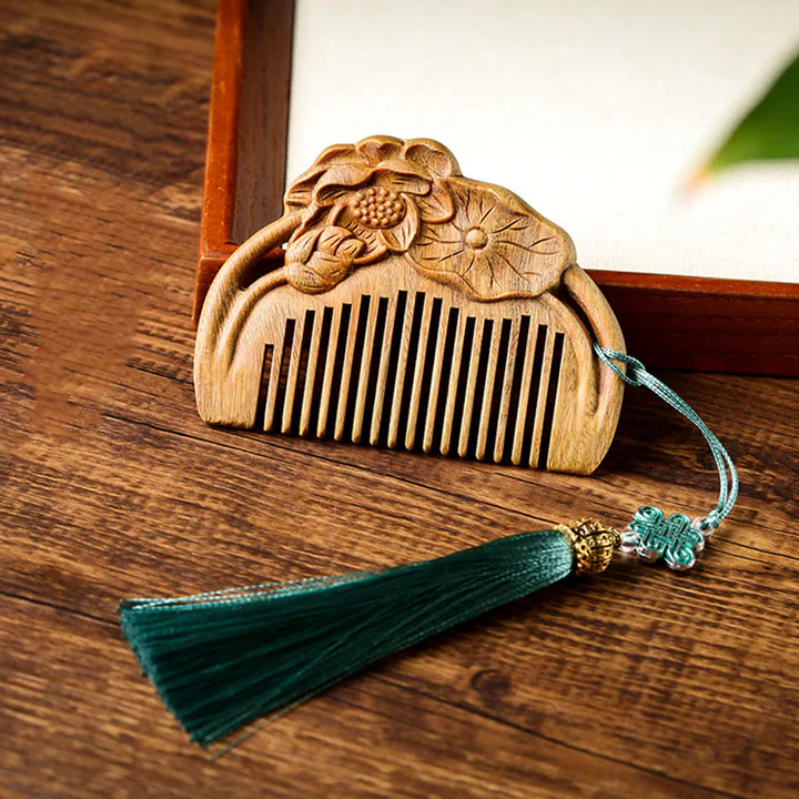 Bodhi Stones Natural Green Sandalwood Lotus Flower Leaf Engraved Soothing Comb