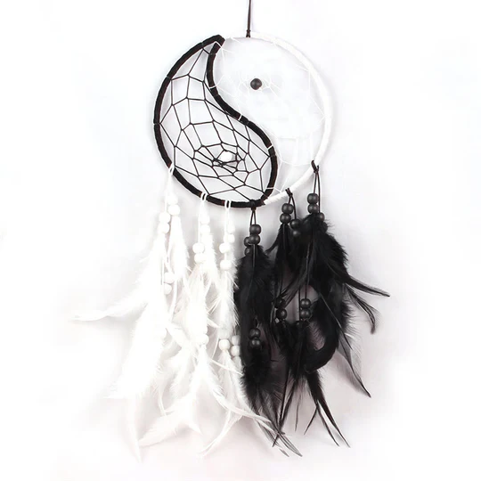 Bodhi Stones Yin Yang Dream Catcher Circular Net with Feathers Balance Decoration