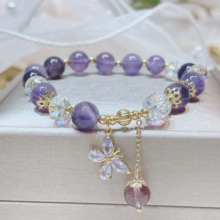 Bodhi Stones Natural Amethyst Crystal Spiritual Butterfly Charm Bracelet