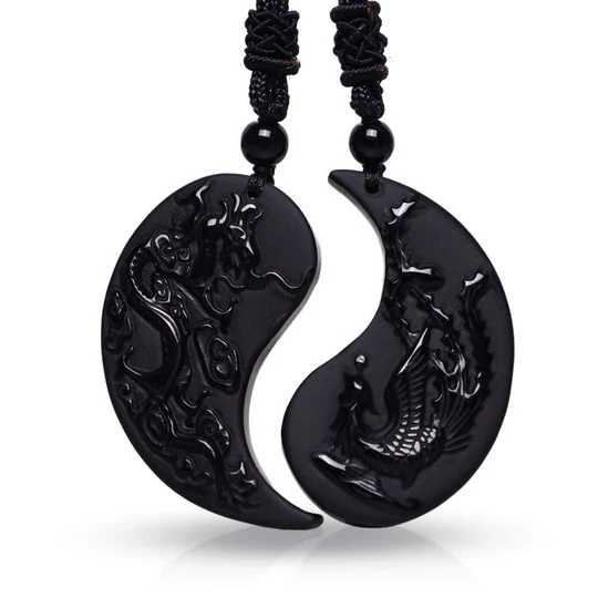 Bodhi Stones Black Obsidian Yin Yang Dragon Phoenix Luck Necklace Pendant