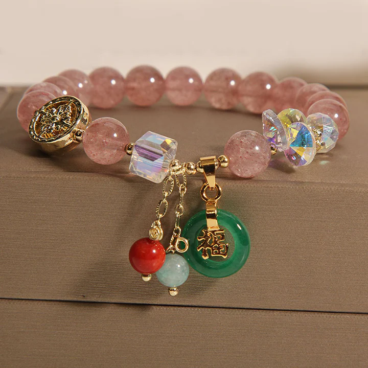 Bodhi Stones Strawberry Quartz Jade Fu Character Charm Healing Bracelet