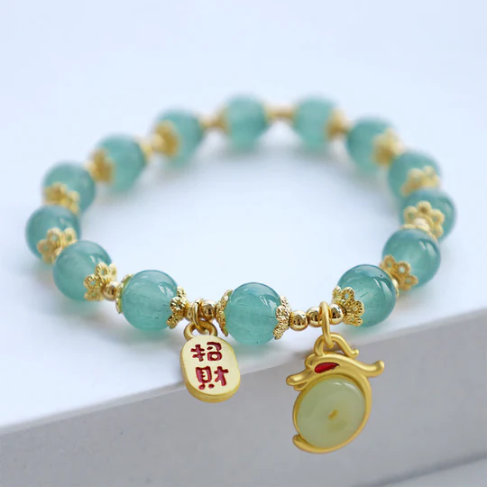 Bodhi Stones Year of the Dragon Red Agate Green Aventurine Peace Buckle Fu Character Lucky Fortune Bracelet