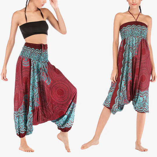 Bodhi Stones Two Style Wear Round Geometric Pattern Loose Smocked Harem Trousers Jumpsuit High Waist Women's Yoga Pants