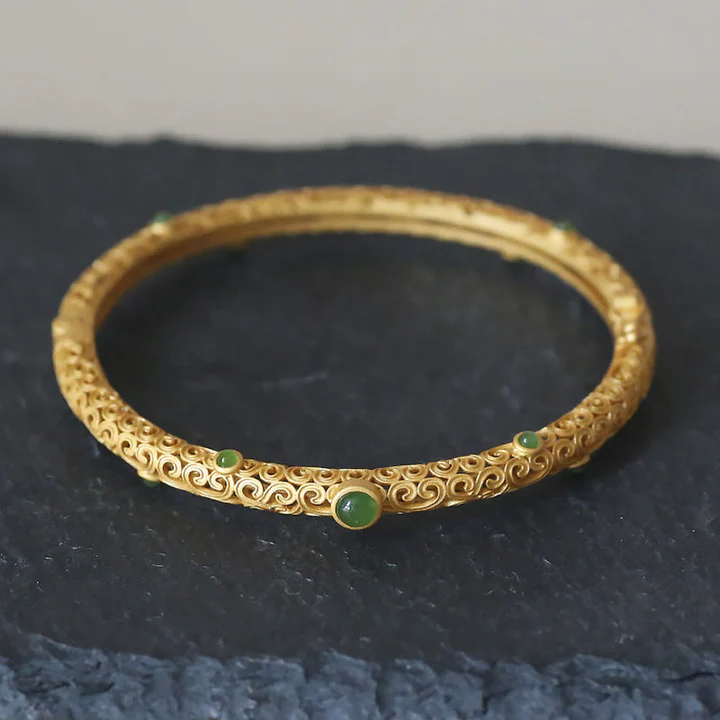 Bodhi Stones Cyan Jade Copper Auspicious Clouds Calm Healing Bracelet Bangle