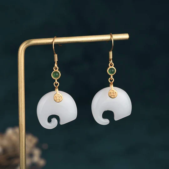 Bodhi Stones FengShui Elephant White Jade Fortune Earrings