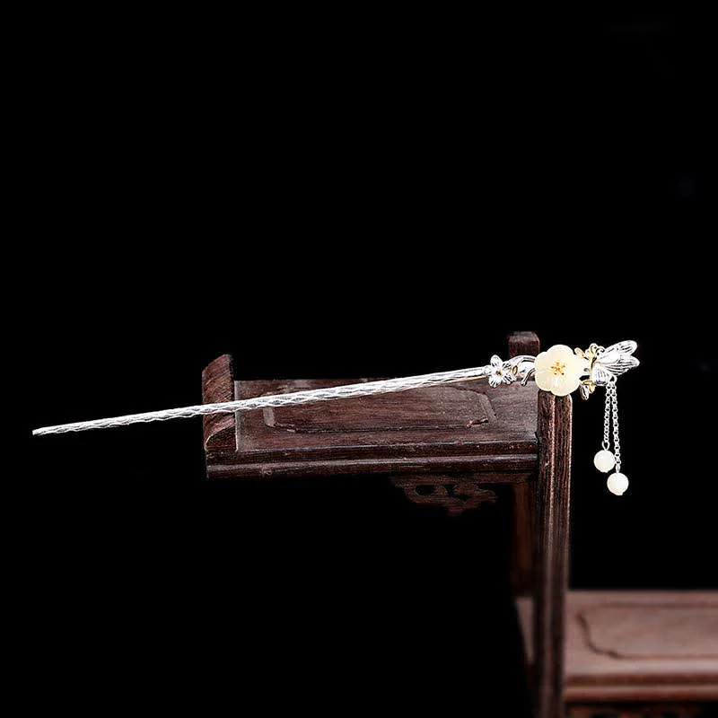 Bodhi Stones 925 Sterling Silver Hetian White Jade Flower Blessing Hairpin