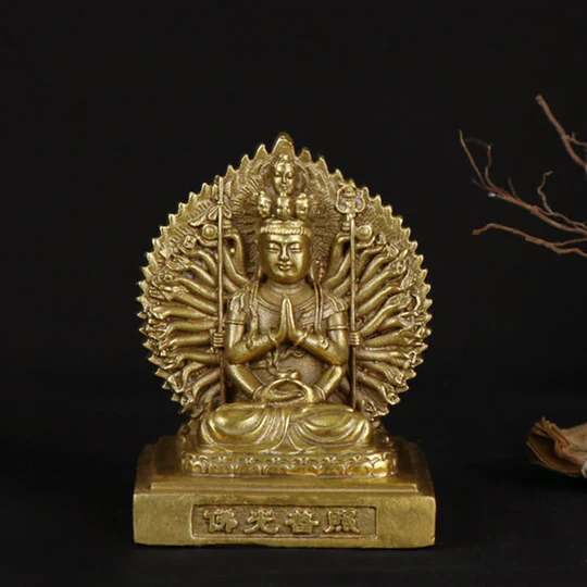 Bodhi Stones Chenrezig Thousand-handed Avalokitesvara Figurine Double-sided Kuan Yin Bodhisattva Protection Solid Copper Statue Decoration