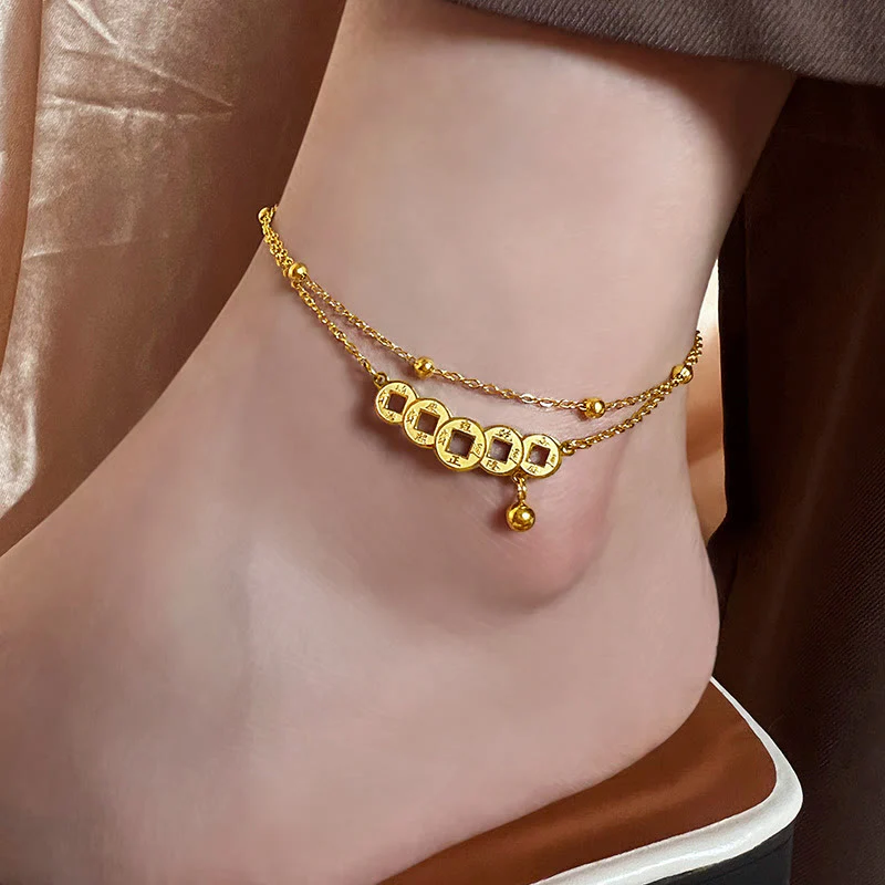 Bodhi Stones Copper Coins Attract Wealth Titanium Steel Anklet