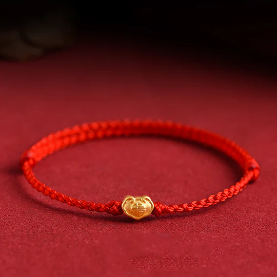 Bodhi Stones 999 Gold Chinese Lock Charm Fu Character Protection Handmade Rope Bracelet