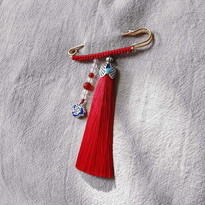 Bobhi Stones Vintage Chalcedony Beads Tassels Positive Brooch