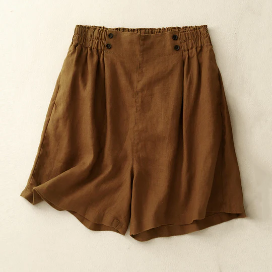 Bodhi Stones Summer Casual Pleat Plain Cotton Linen Women's Shorts With Pockets