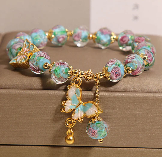Bodhi Stones Butterfly Charm Rose Flower Liuli Bracelet