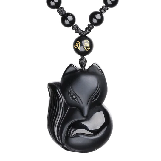 Bodhi Stones Natural Black Obsidian Tiger Eye Ice Obsidian Fox Pendant Amulet Necklace
